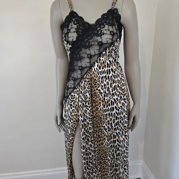 Frederick's Of Hollywood Size M Vintage Leopard Slip Dress Gown Sheer w/ Slit - Picture 4 of 16